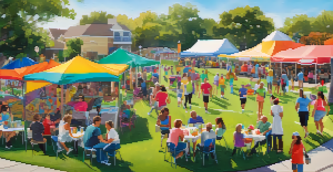 A lively community health fair with colorful booths and residents participating in fitness and enjoying healthy food under a sunny sky.
