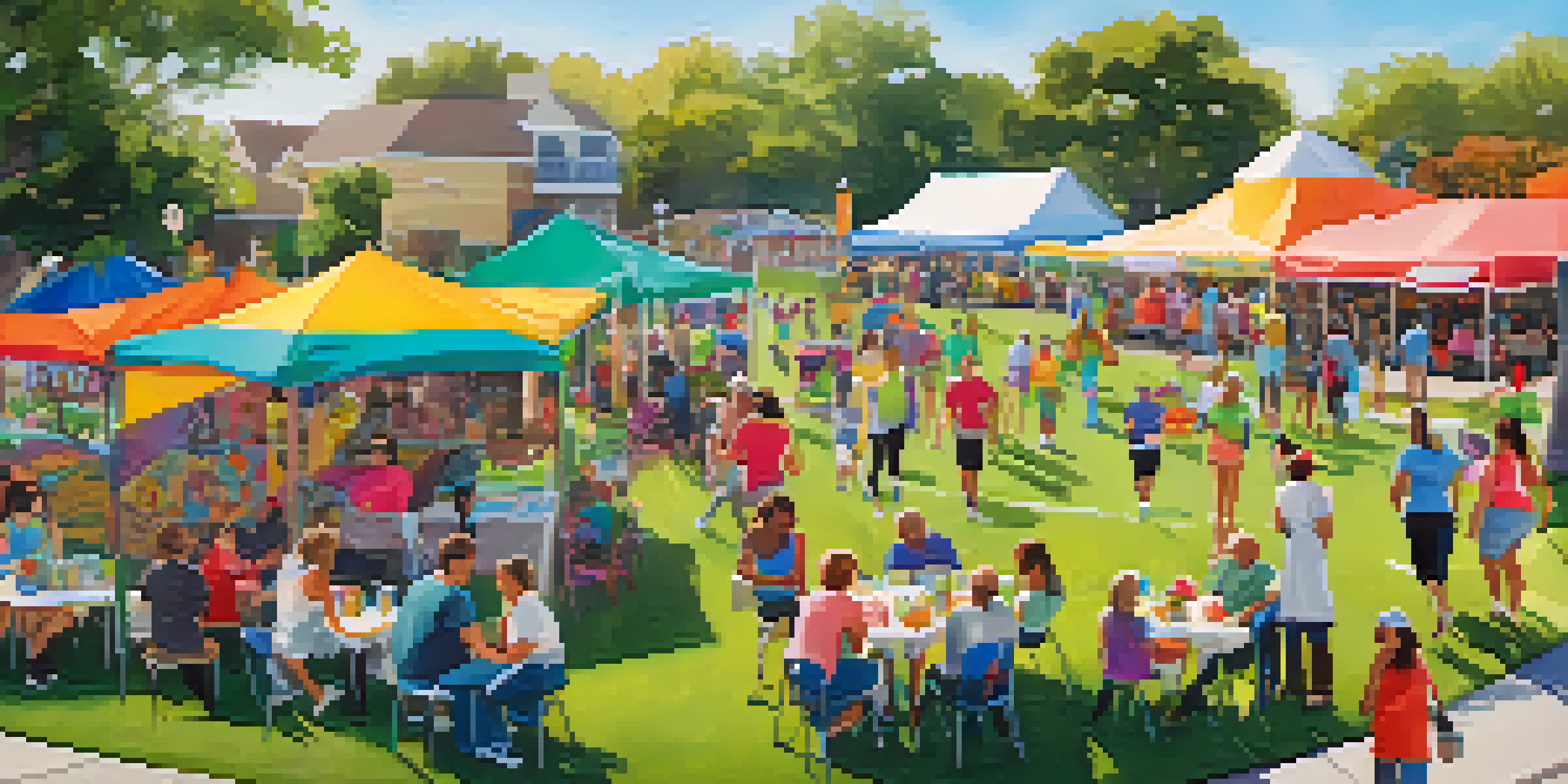 A lively community health fair with colorful booths and residents participating in fitness and enjoying healthy food under a sunny sky.