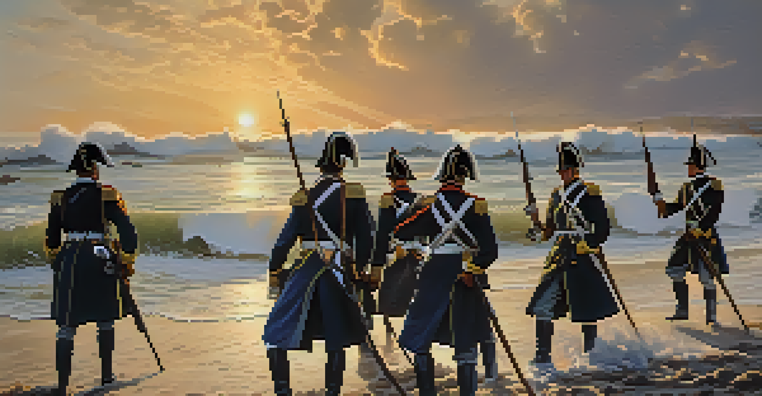 Historical depiction of soldiers in battle on Carlsbad beach, with crashing waves and a dramatic sunset.
