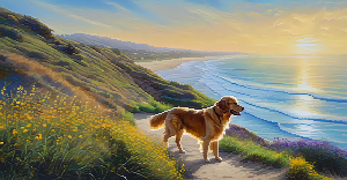A golden retriever walking with its owner along a scenic coastal trail in Carlsbad, California, with the ocean and wildflowers in the background.