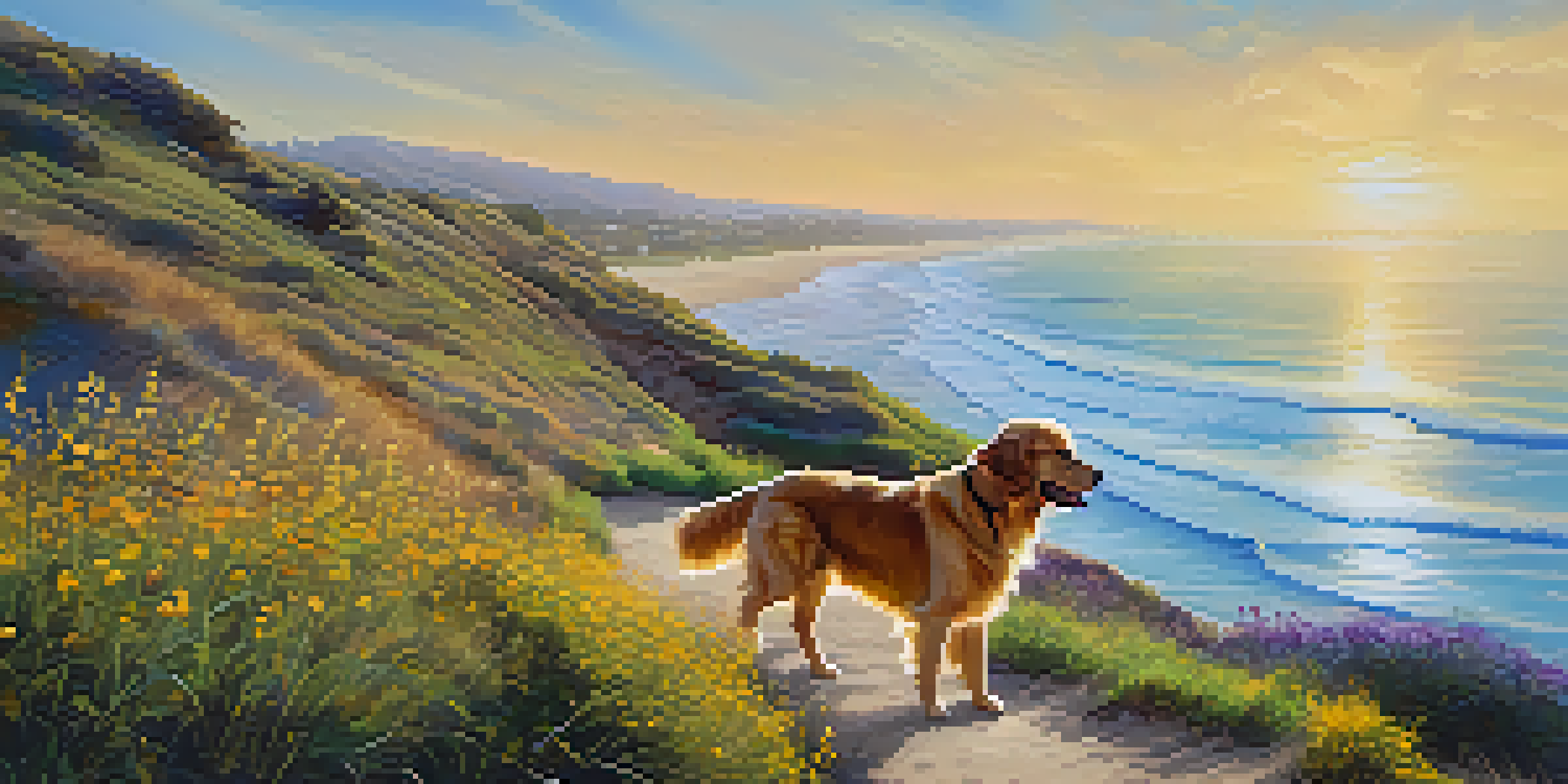 A golden retriever walking with its owner along a scenic coastal trail in Carlsbad, California, with the ocean and wildflowers in the background.
