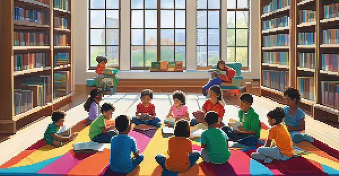 A diverse group of children sitting on a colorful rug in a library, listening to a librarian read a story, with sunlight streaming through the windows.