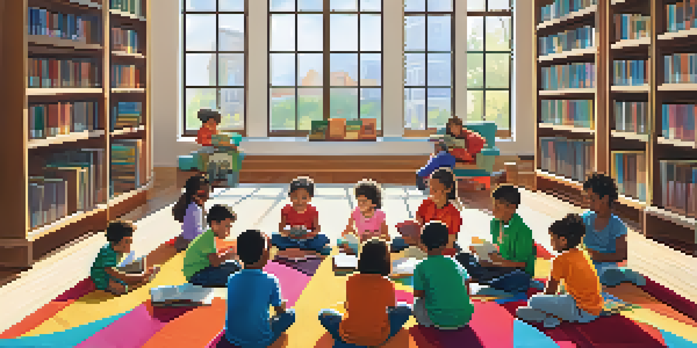A diverse group of children sitting on a colorful rug in a library, listening to a librarian read a story, with sunlight streaming through the windows.