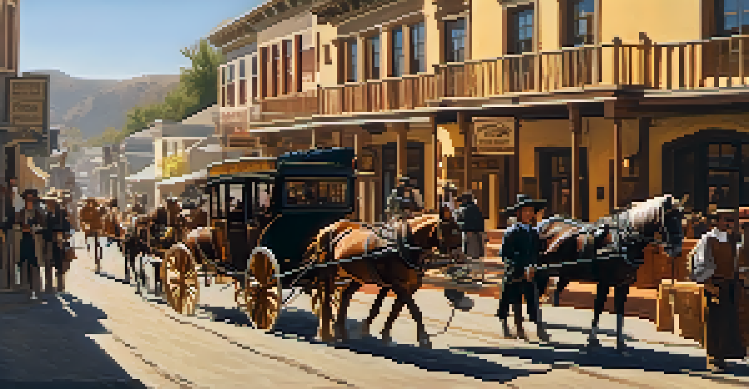 A stagecoach traveling through old town Carlsbad during the Gold Rush, with people in period costumes and a golden sunset in the background.