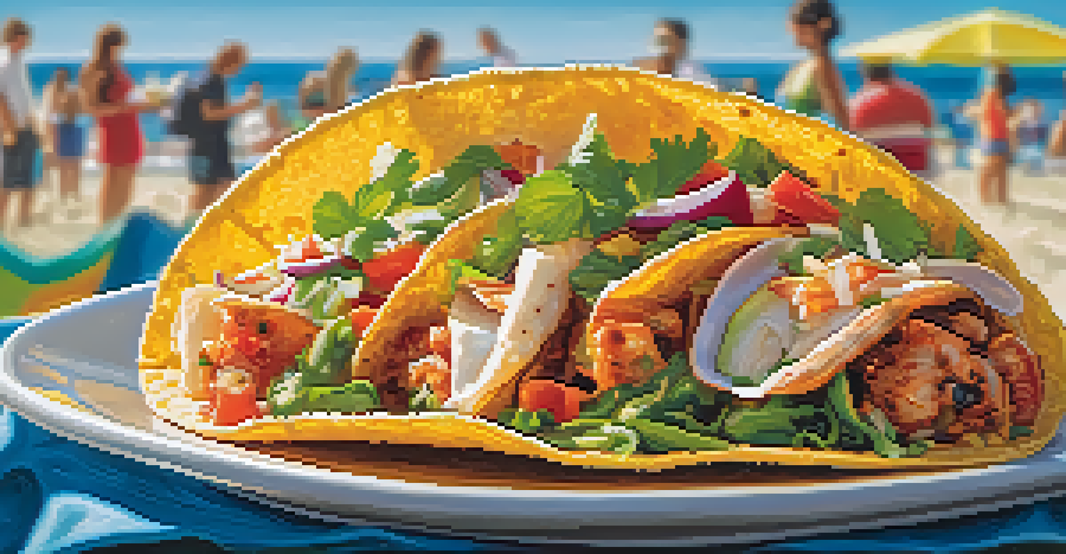 A close-up of a colorful seafood taco with fresh ingredients, set against a blurred beach background at Carlsbad Beach Fest.