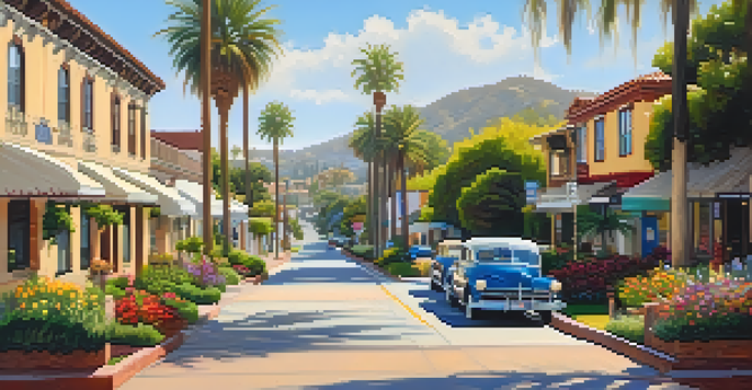 A vibrant street view of Carlsbad Village Historic District featuring Victorian and Spanish Revival buildings under warm sunlight, with greenery and colorful flowers.