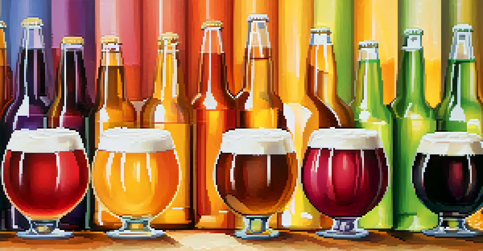 An artistic display of different fruit-infused craft beers with fresh fruits in the background.