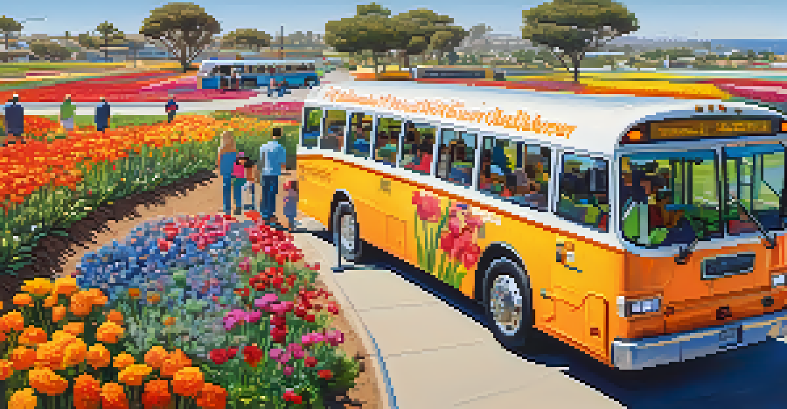 A seasonal shuttle bus near Carlsbad's Flower Fields, with tourists enjoying the colorful blooms and bright sky.