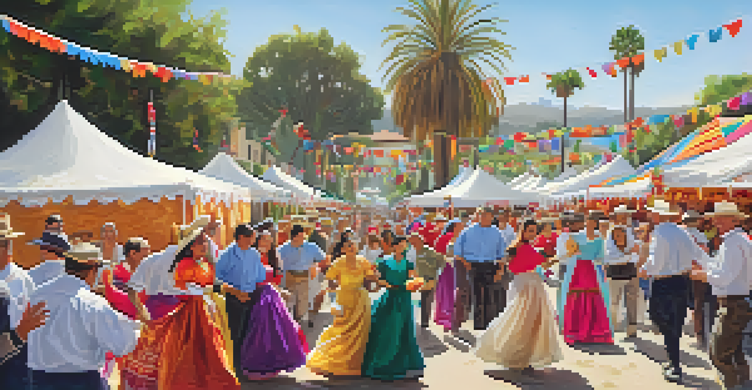 Community members in traditional attire celebrating at a festival with decorations and food stalls.