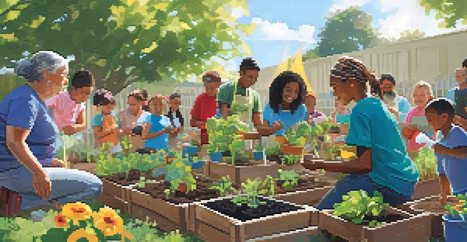 A diverse group of people attending a gardening workshop in a community garden, learning how to plant seeds under bright sunlight.