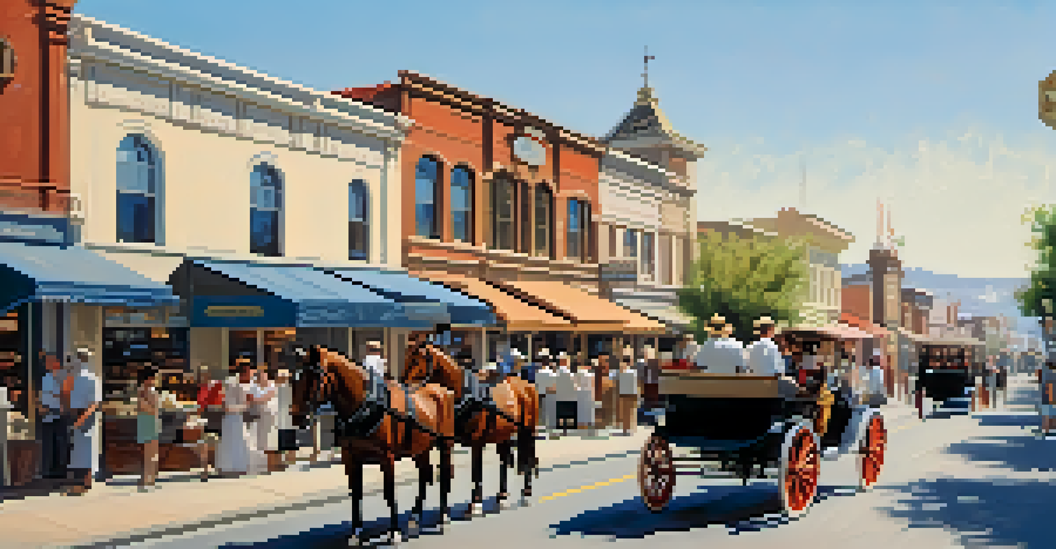 A historic street scene in Carlsbad, California, depicting vintage cars and shops in the early 1900s under a bright blue sky.