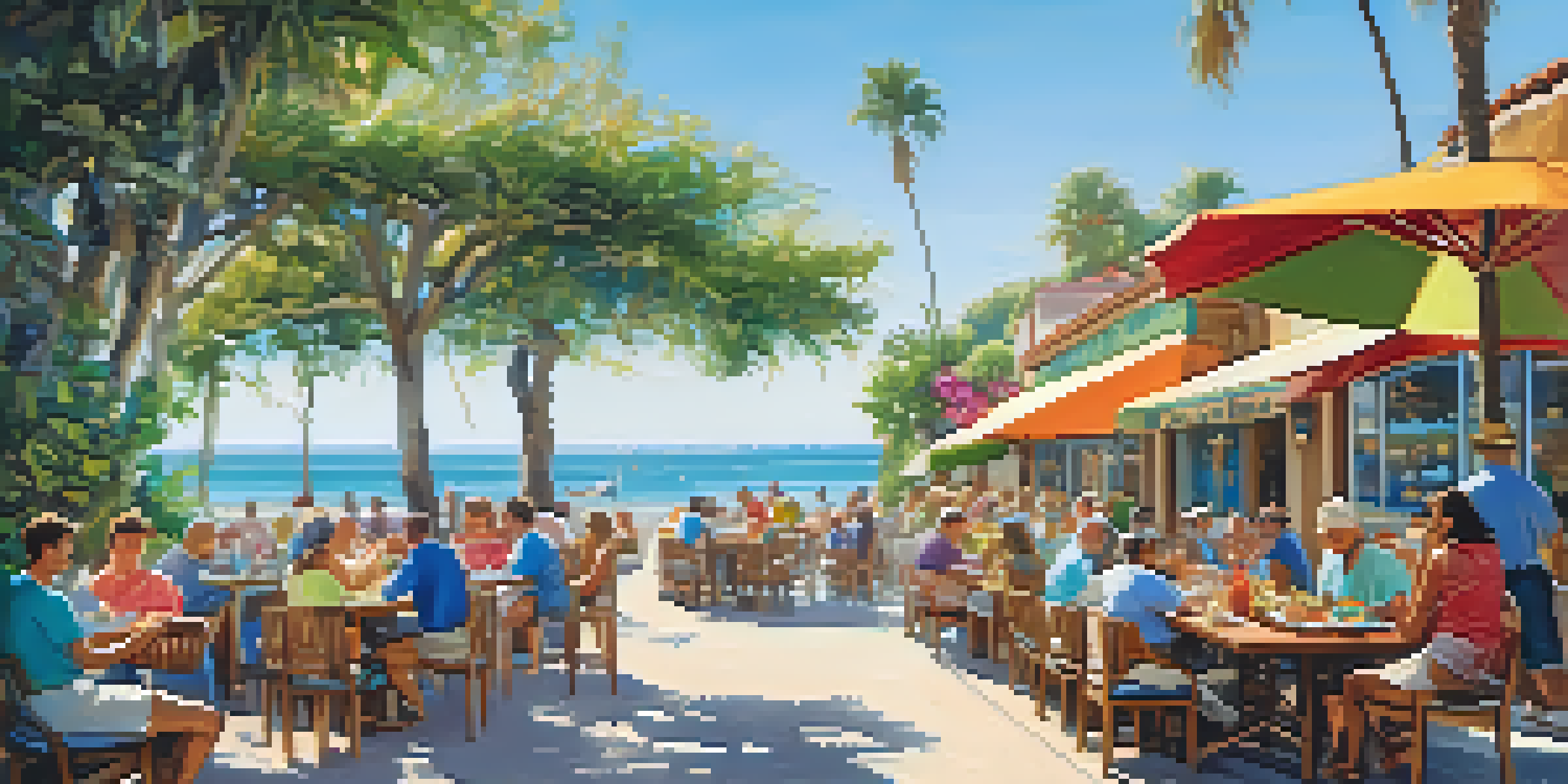An outdoor dining setup in Carlsbad Village featuring a wooden table with fresh seafood dishes and an ocean view.