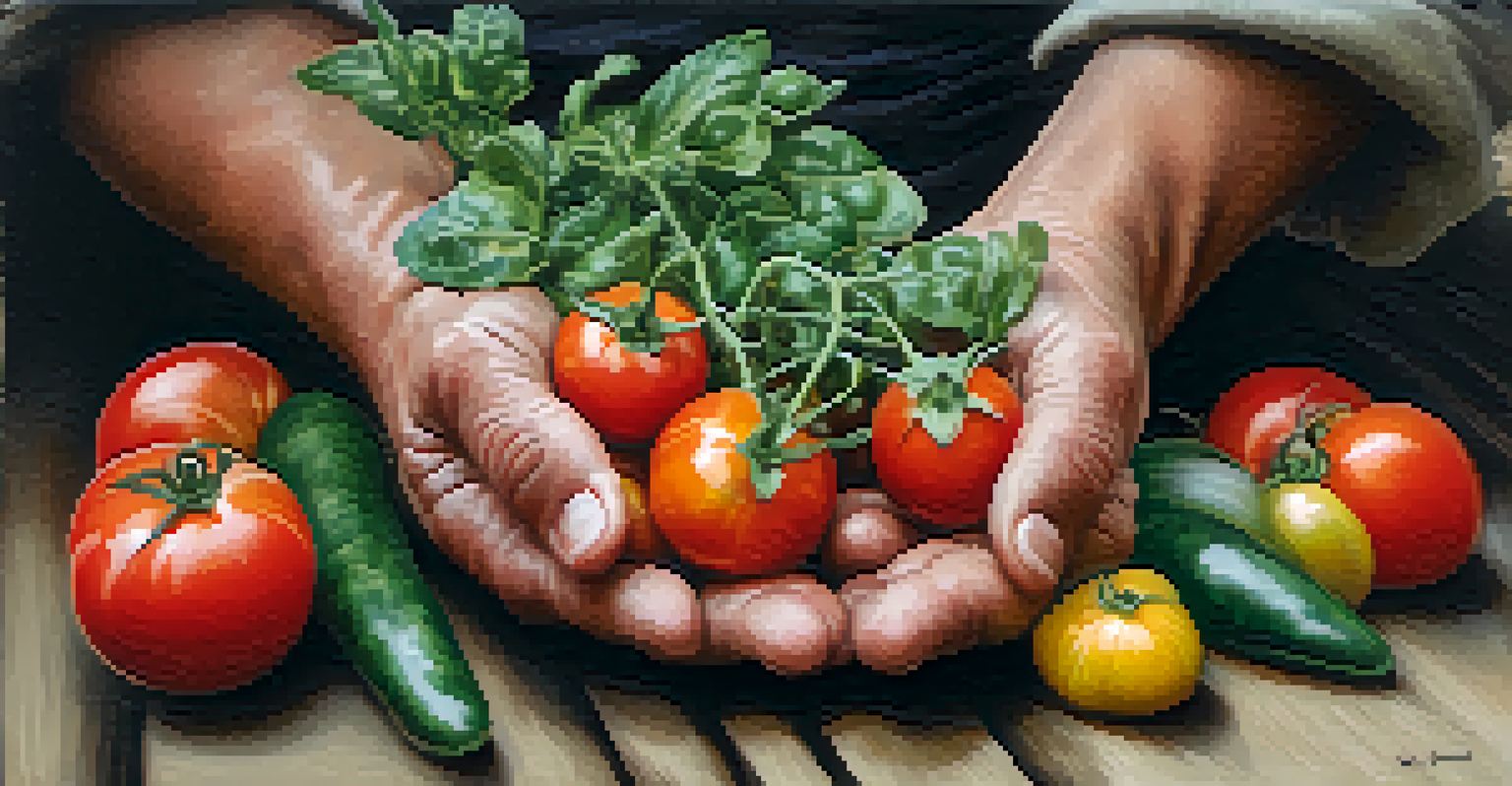 A close-up of a farmer's hands holding freshly harvested tomatoes and greens, highlighting the connection to local agriculture.
