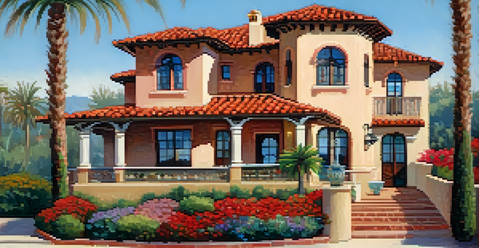 A Spanish Revival building with a red-tiled roof and stucco walls, surrounded by colorful gardens, illuminated by soft sunlight.