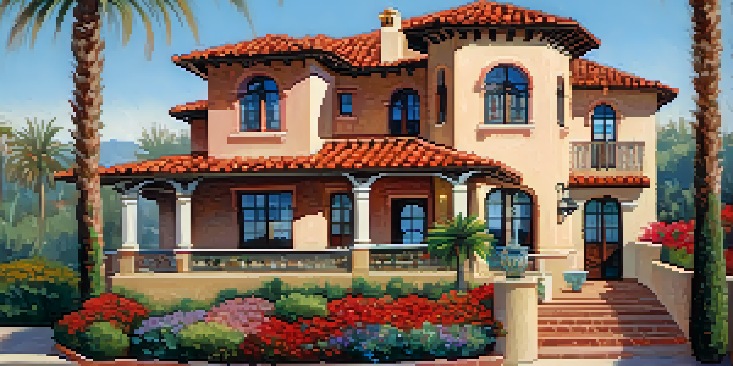 A Spanish Revival building with a red-tiled roof and stucco walls, surrounded by colorful gardens, illuminated by soft sunlight.