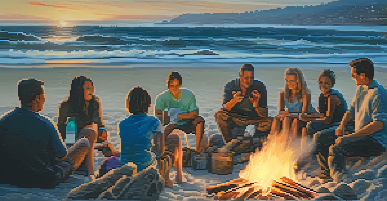 Close-up of hands roasting marshmallows over a bonfire, with smiling faces illuminated by the firelight and the beach in the background.