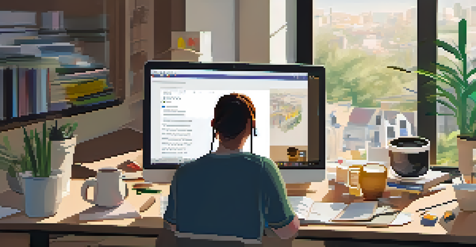 A close-up of a computer screen showing an online graphic design course, with art supplies and a sketchbook in a cozy, well-lit workspace.