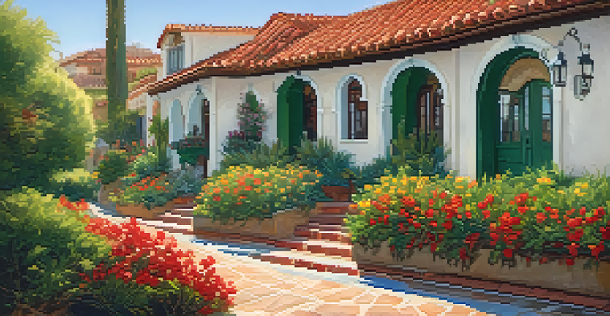 A charming street lined with Spanish Revival buildings in Carlsbad, California, featuring stucco exteriors, red-tiled roofs, and decorative tiles with vibrant gardens.