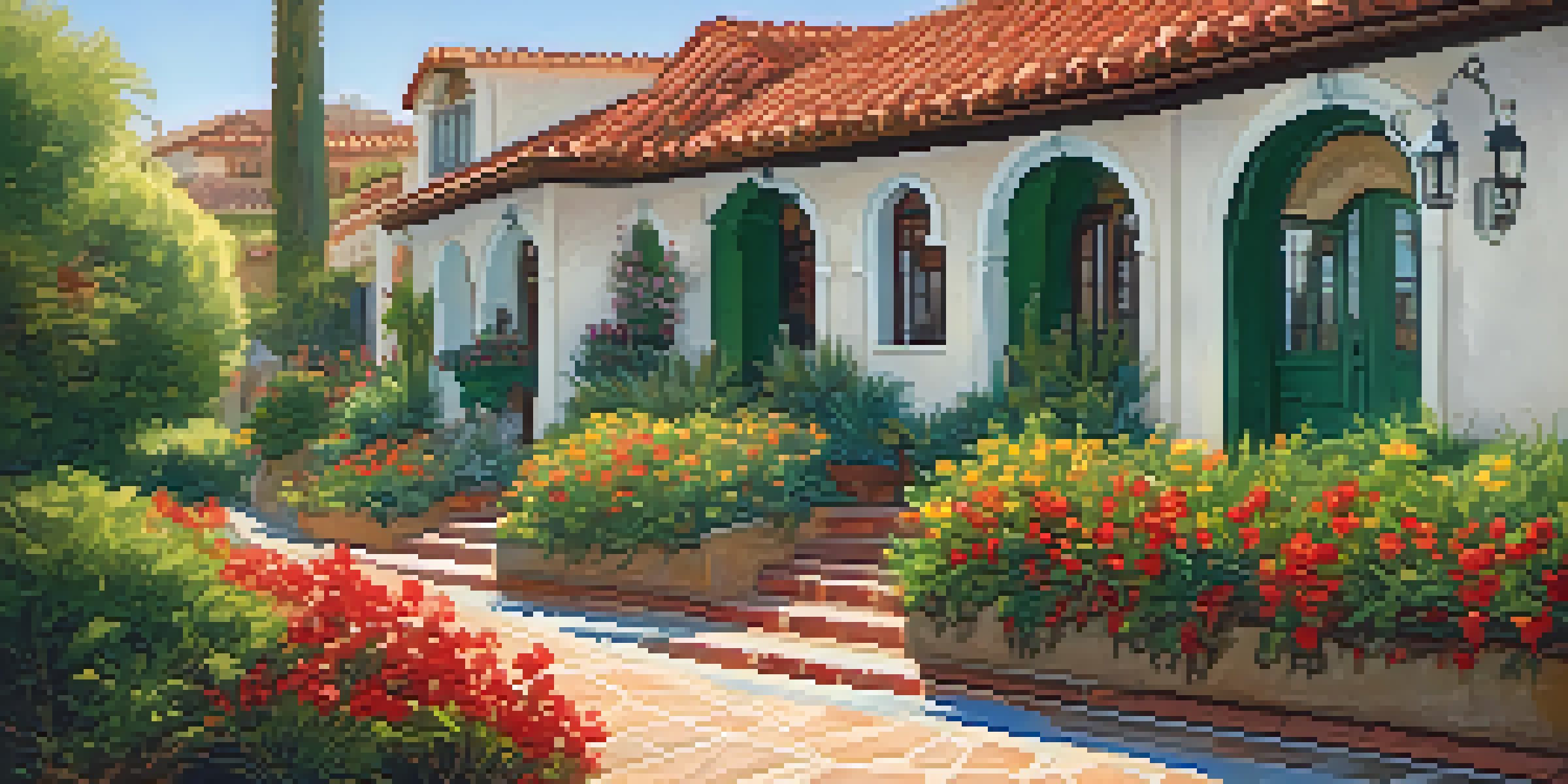 A charming street lined with Spanish Revival buildings in Carlsbad, California, featuring stucco exteriors, red-tiled roofs, and decorative tiles with vibrant gardens.
