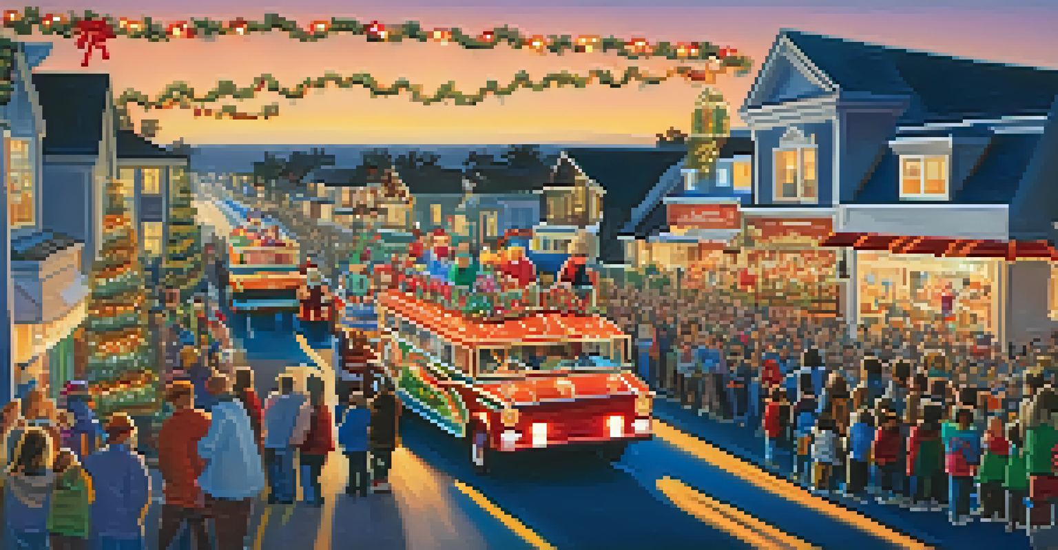 A colorful float with twinkling lights in the Carlsbad Christmas Parade, with families enjoying the festivities under a dusk sky.