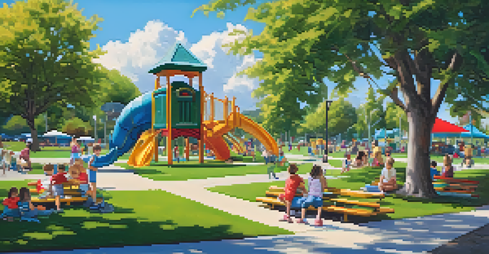 Families enjoying a sunny day at Poinsettia Park, with children playing and parents relaxing.