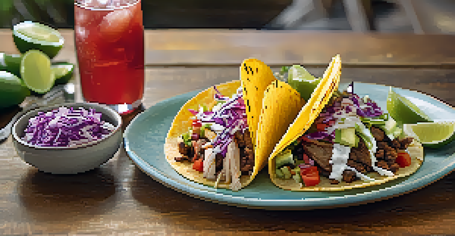 A gourmet taco plate featuring fish, carne asada, and vegetarian tacos with a refreshing drink on a wooden table.