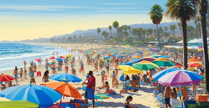 A sunny beach clean-up event with diverse volunteers at Carlsbad beach, surrounded by colorful beach umbrellas and gentle ocean waves.