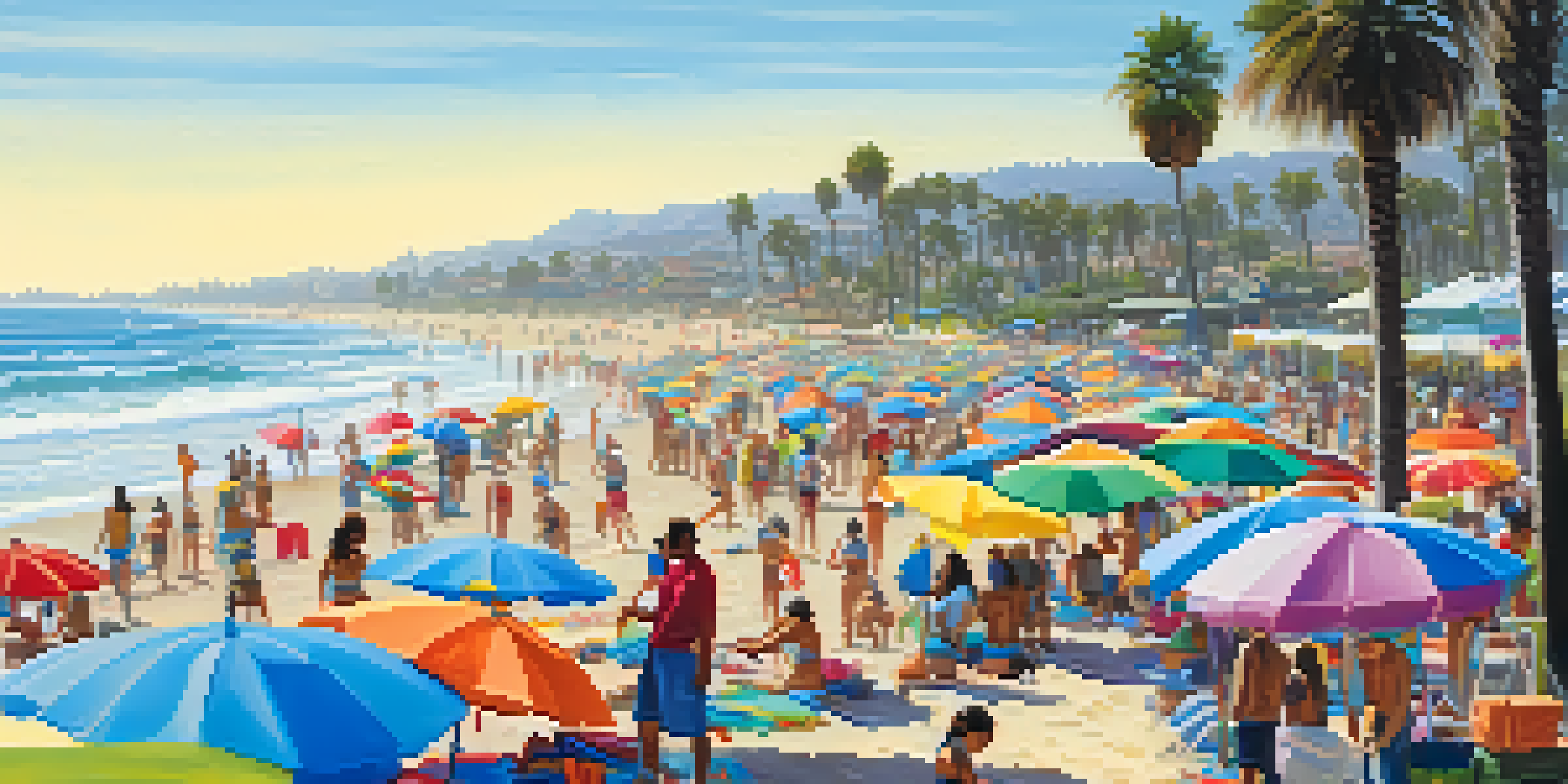 A sunny beach clean-up event with diverse volunteers at Carlsbad beach, surrounded by colorful beach umbrellas and gentle ocean waves.