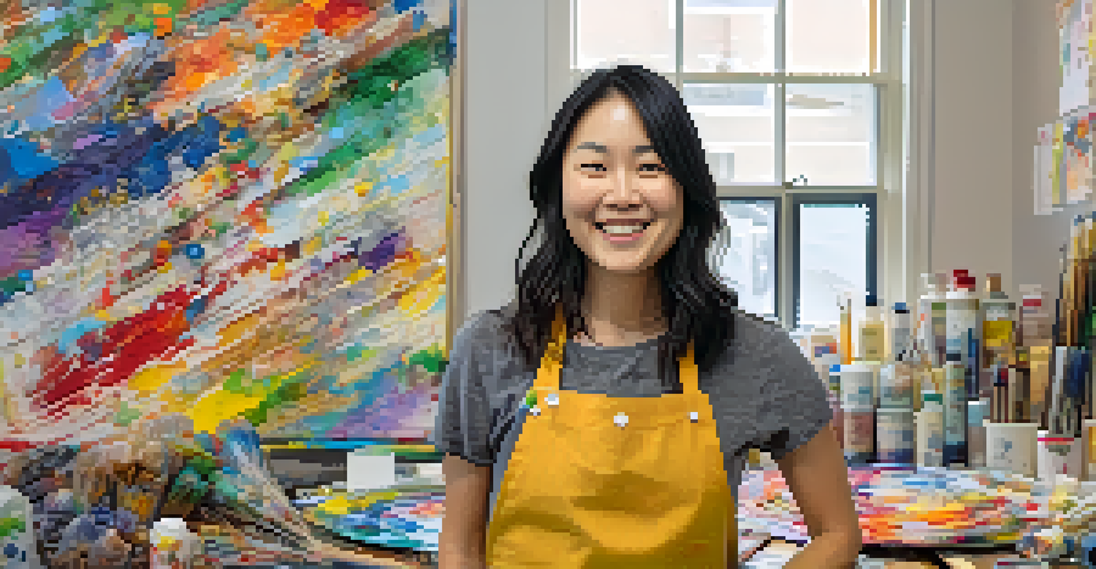 A mixed media artist, Emily Chen, in her studio with colorful artworks made from recycled materials, engaged in her creative process.