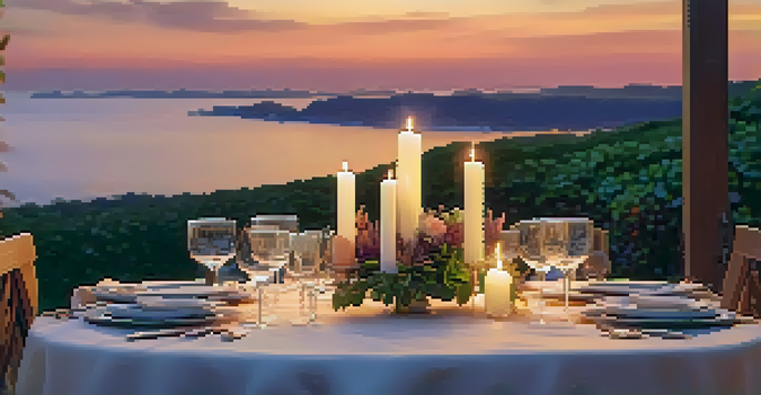 A romantic outdoor dining setup at sunset with a table set for dinner, ocean view, and a colorful sky.