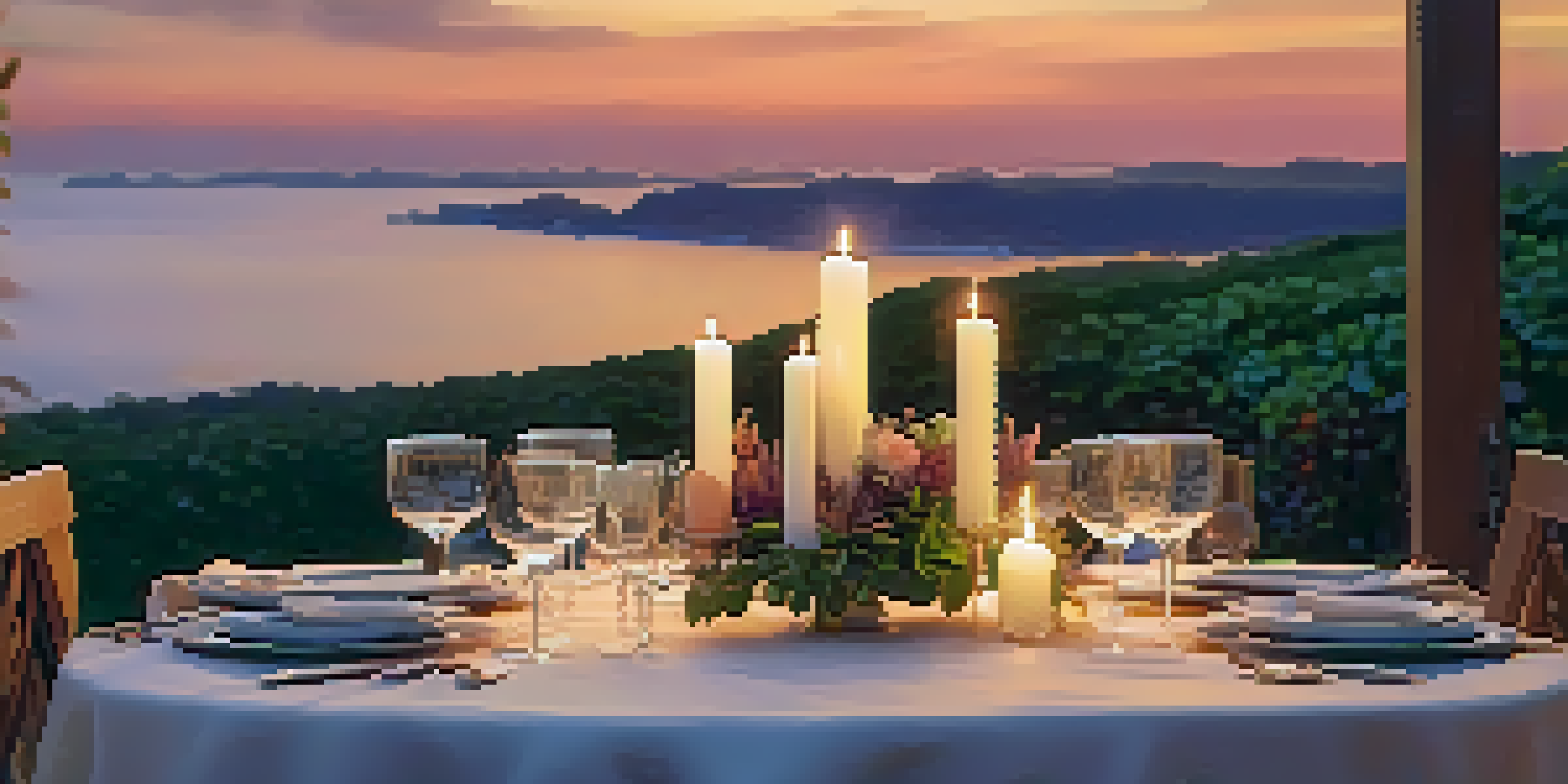 A romantic outdoor dining setup at sunset with a table set for dinner, ocean view, and a colorful sky.