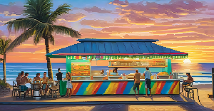 A coastal taco stand at sunset with colorful tacos and a beach background, capturing a vibrant and relaxed atmosphere.