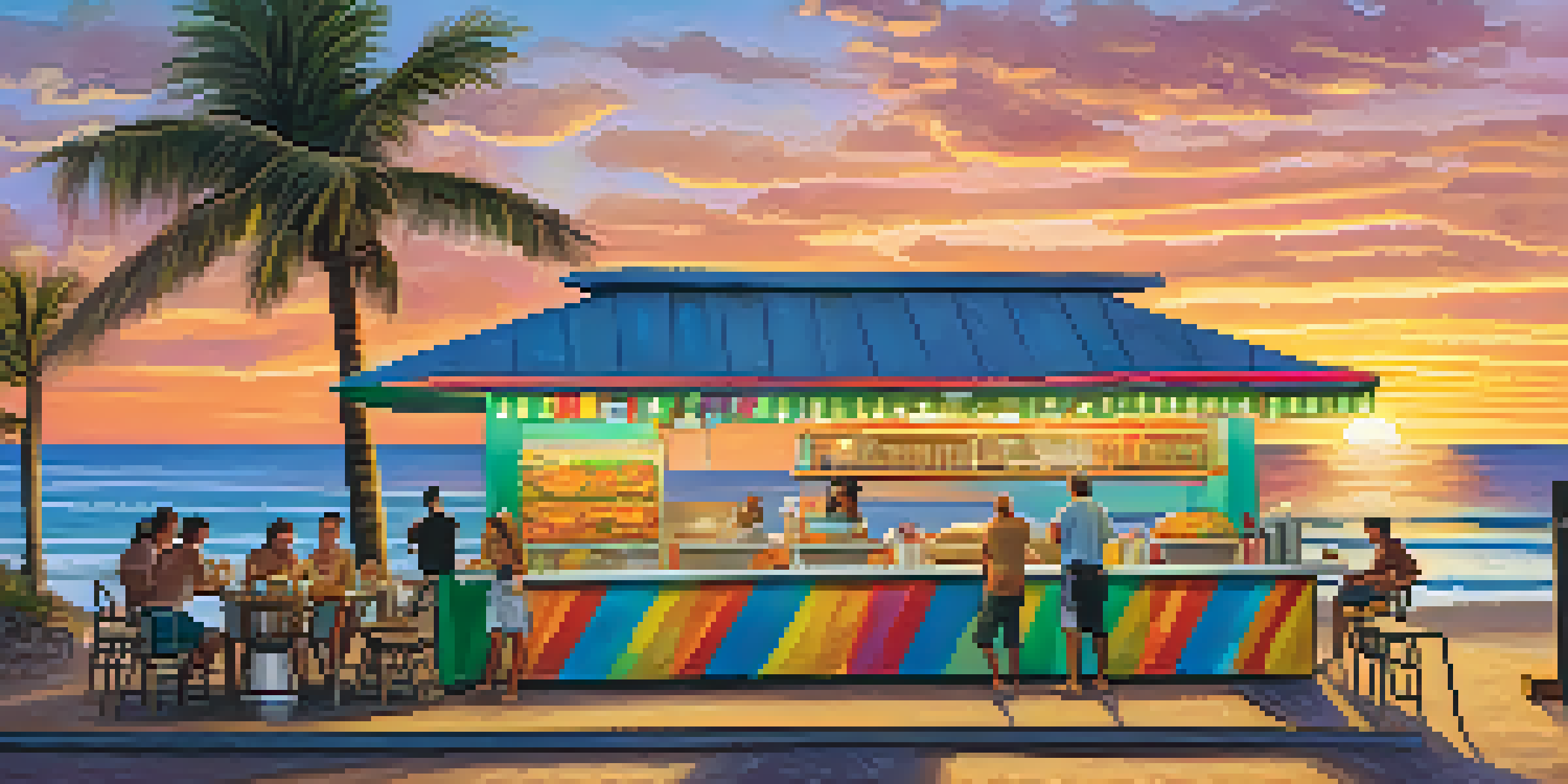 A coastal taco stand at sunset with colorful tacos and a beach background, capturing a vibrant and relaxed atmosphere.
