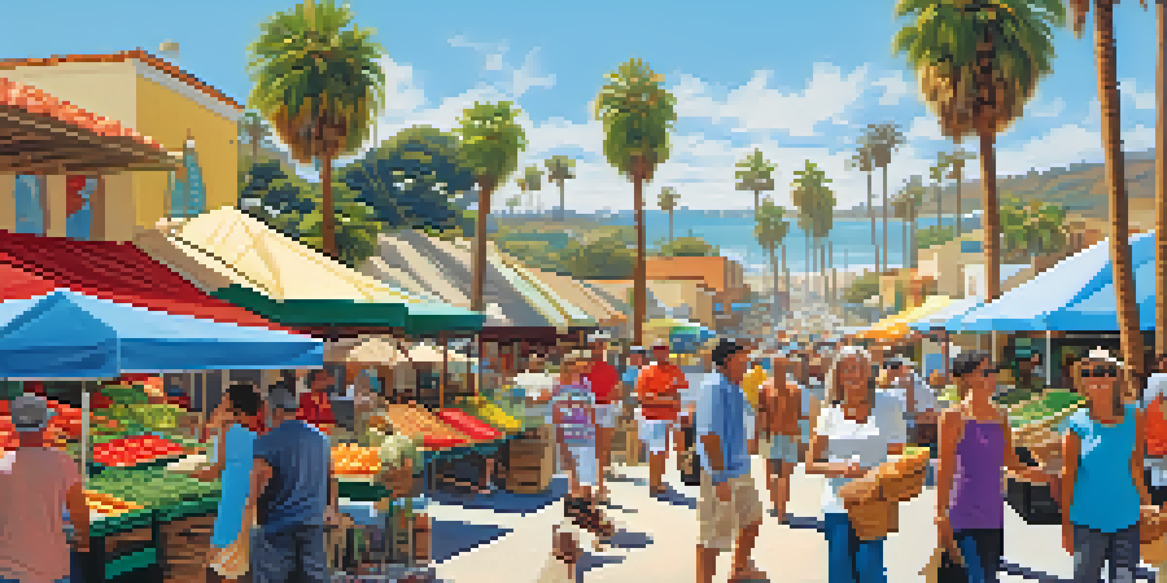 A lively farmers' market in Carlsbad Village with colorful stalls and people enjoying fresh produce under a clear blue sky.