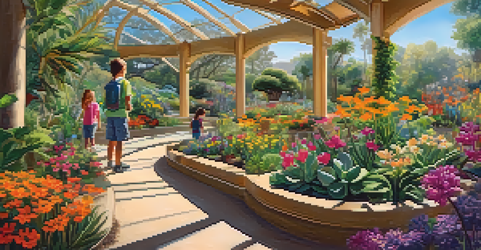 Children exploring the vibrant San Diego Botanic Garden, surrounded by diverse plants and butterflies.
