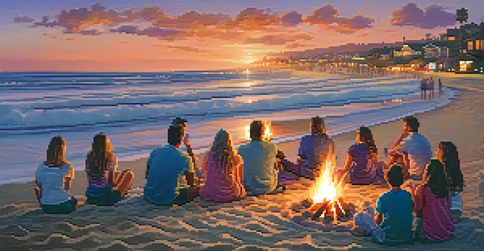 Families gathered around a bonfire on Carlsbad Beach during a sunset, with colorful skies and the ocean in the background.