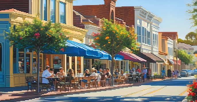 A vibrant street scene in Carlsbad Village with diverse architectural styles and people enjoying coffee outdoors.