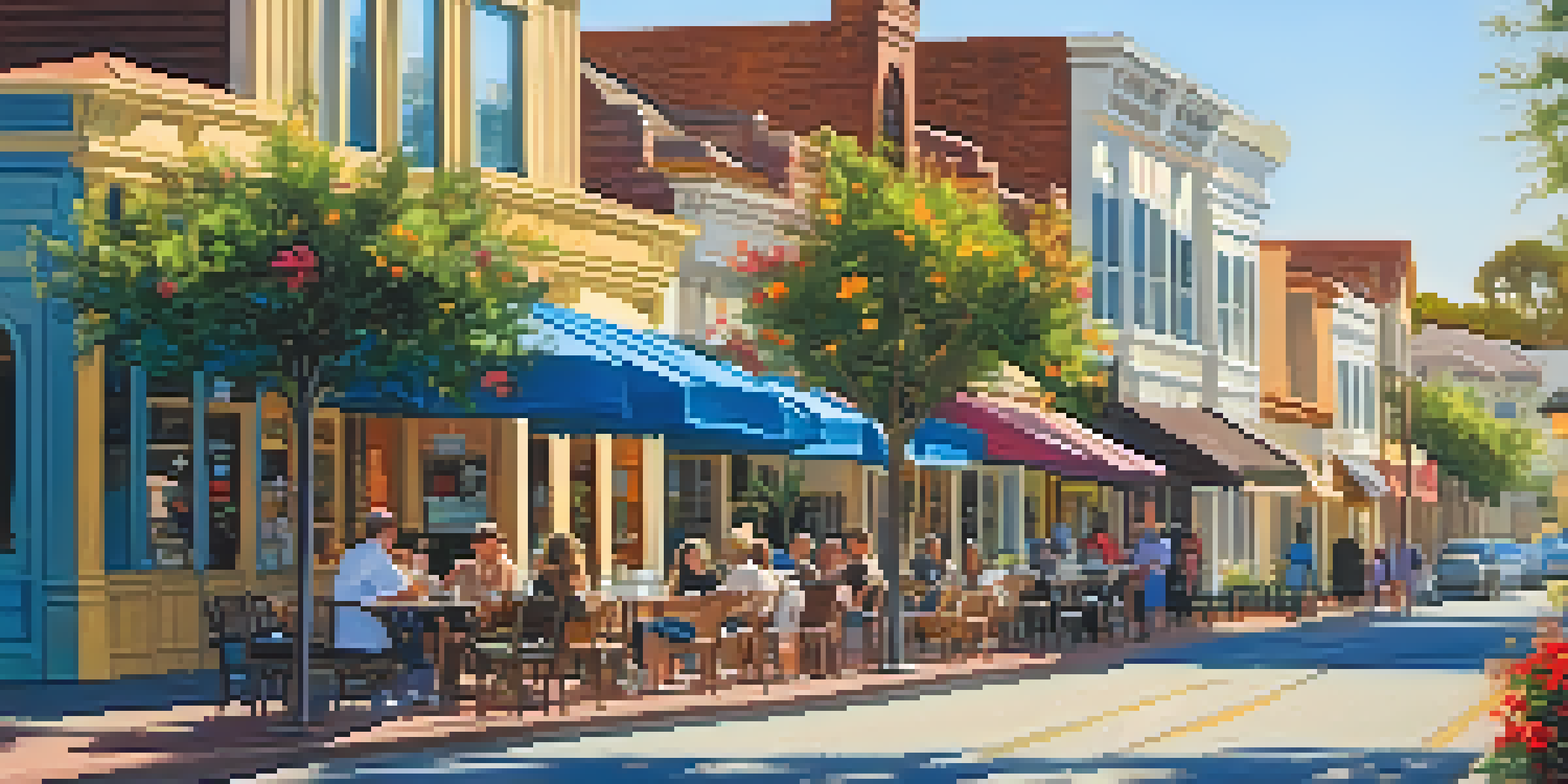 A vibrant street scene in Carlsbad Village with diverse architectural styles and people enjoying coffee outdoors.