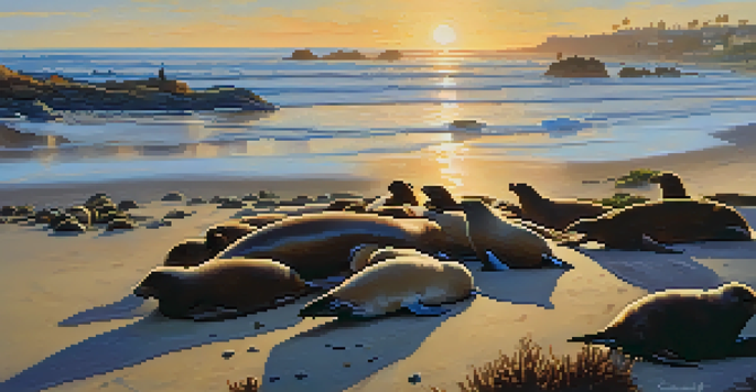 A peaceful beach scene in Carlsbad with sea lions on rocks, colorful tide pools, and migratory birds along the shore under warm sunlight.