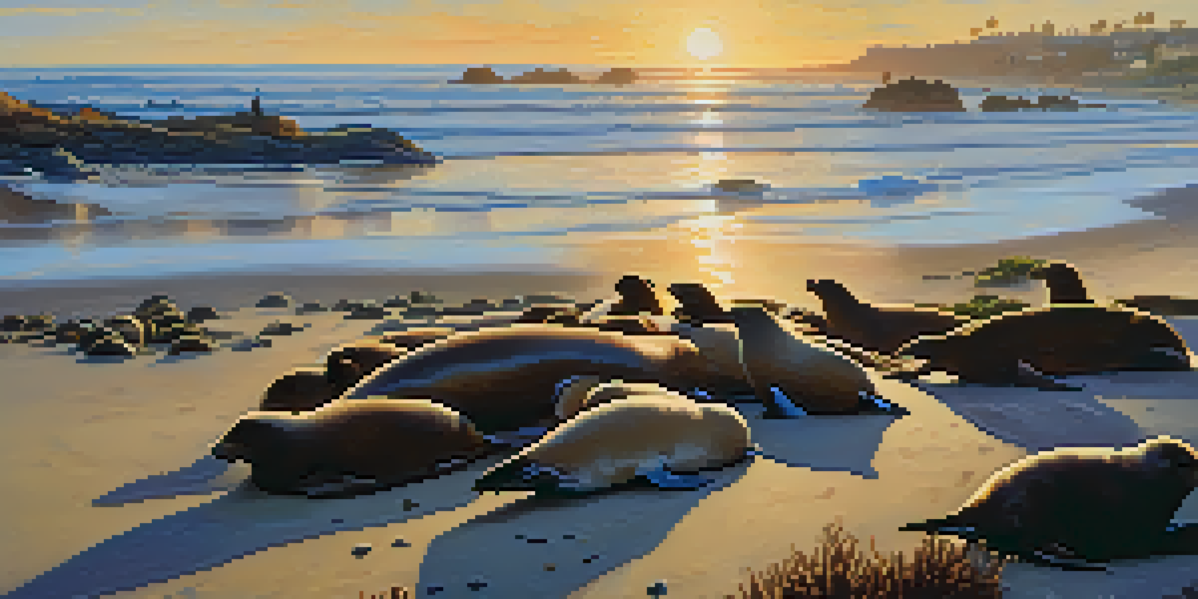A peaceful beach scene in Carlsbad with sea lions on rocks, colorful tide pools, and migratory birds along the shore under warm sunlight.