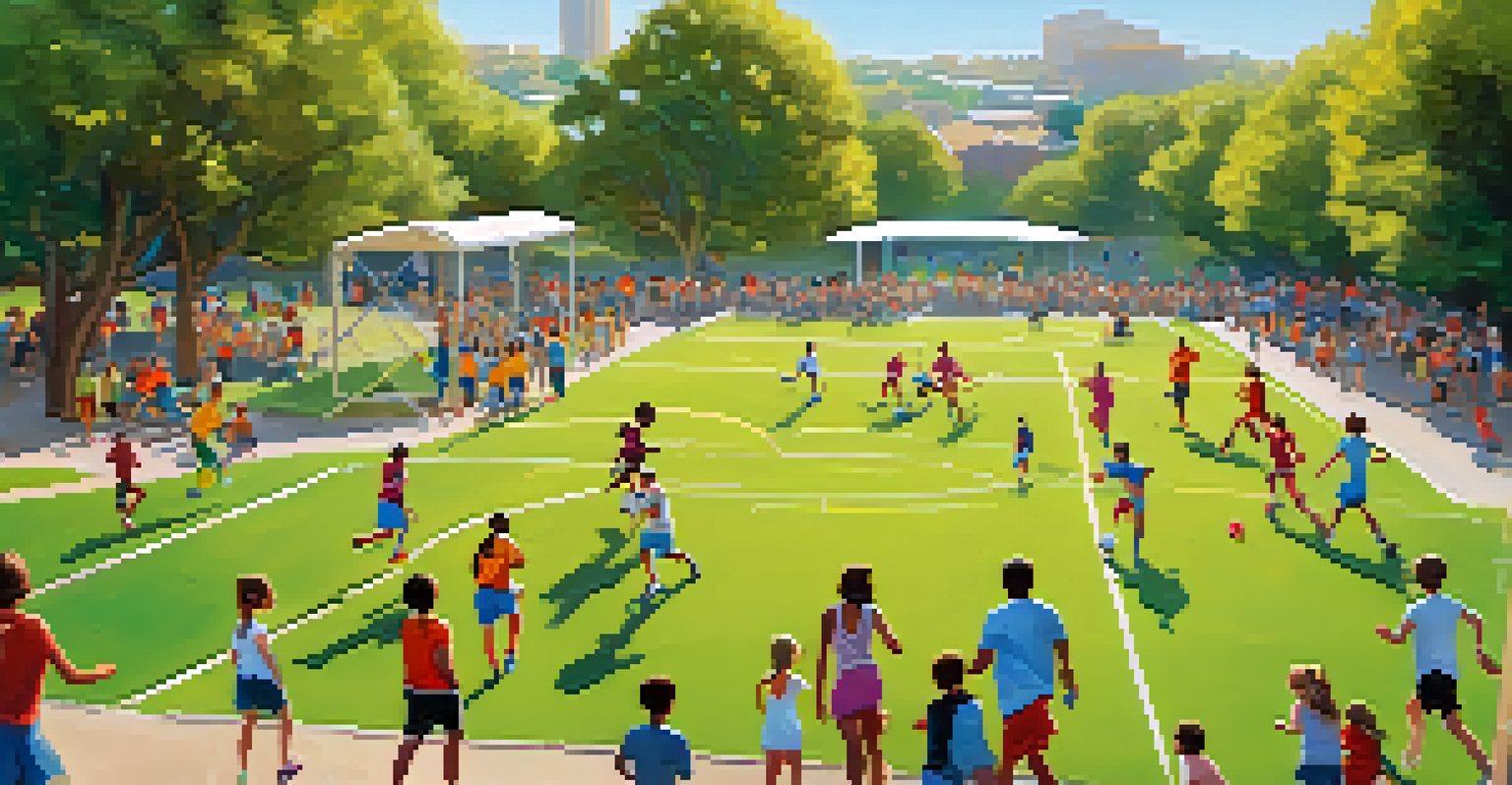 An overhead view of a Carlsbad park with soccer players, runners, and families enjoying picnics, showcasing community engagement.