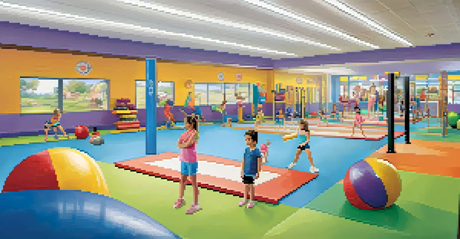 An inviting family fitness center with children in gymnastics and parents exercising with weights.