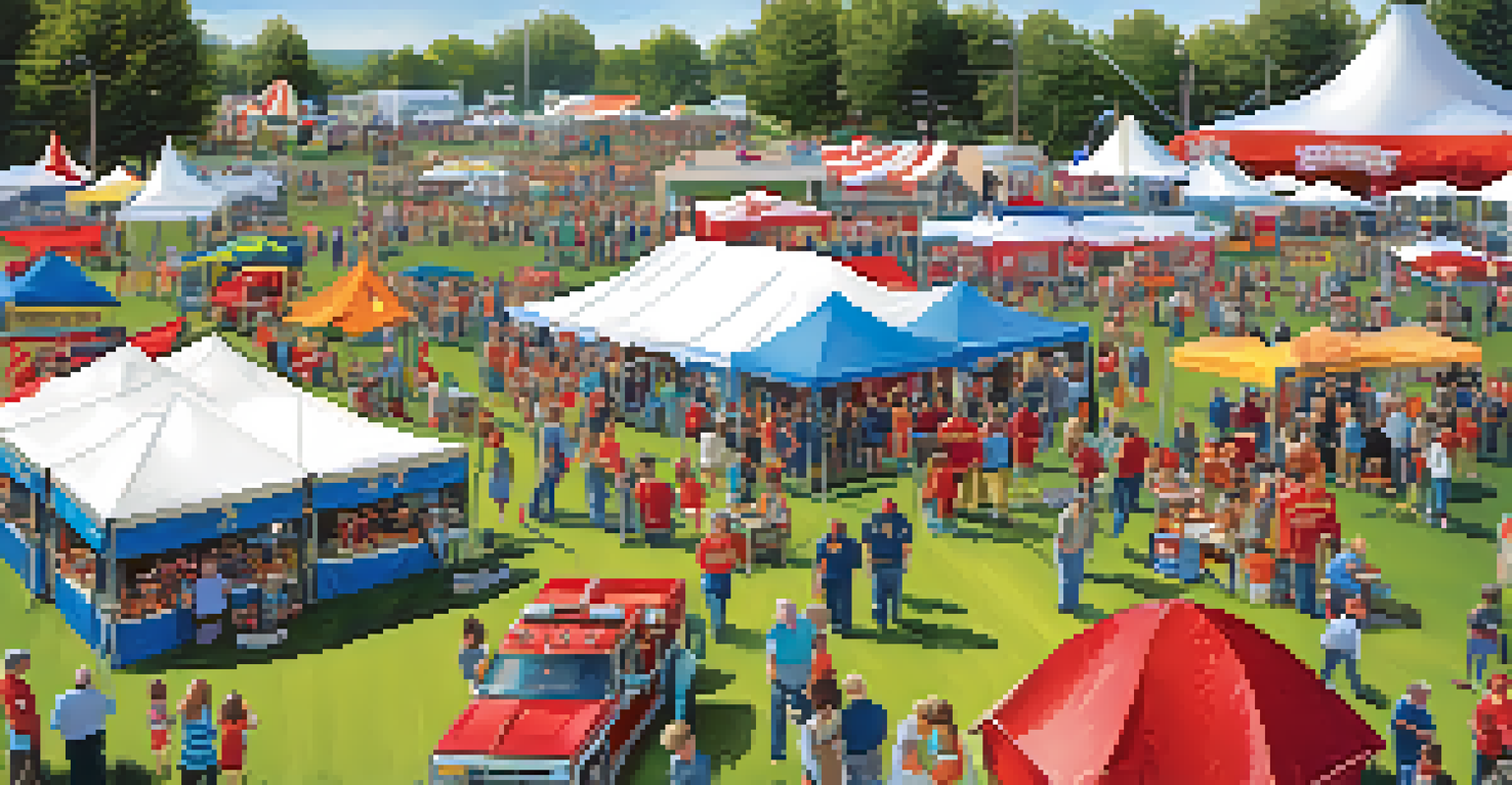 Aerial view of a community event with booths and families engaging in fire safety activities organized by volunteer firefighters.