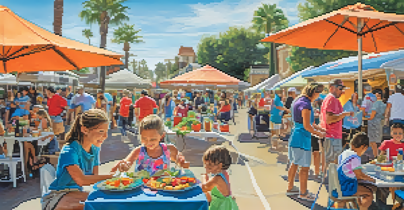 Children enjoying face painting and food-themed games at a lively festival, with cooking demonstrations happening in the background, creating a joyful community atmosphere.