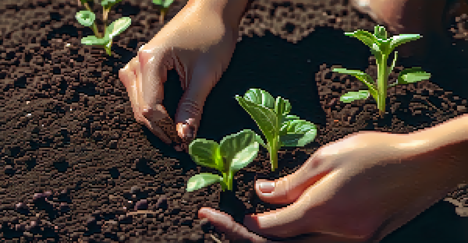 Close-up of hands planting seeds in dark soil, showcasing the texture of the soil and the small seeds with soft sunlight illuminating the scene.