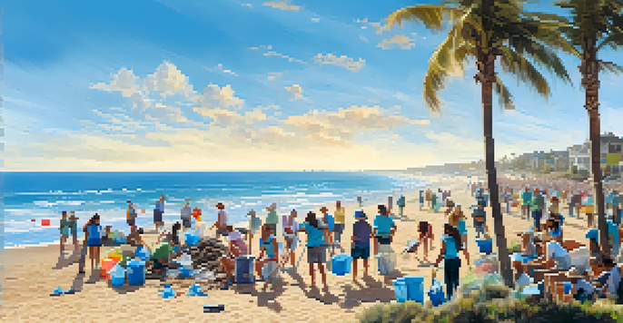A lively beach clean-up event in Carlsbad with volunteers collecting trash against a backdrop of the ocean and sandy beach.