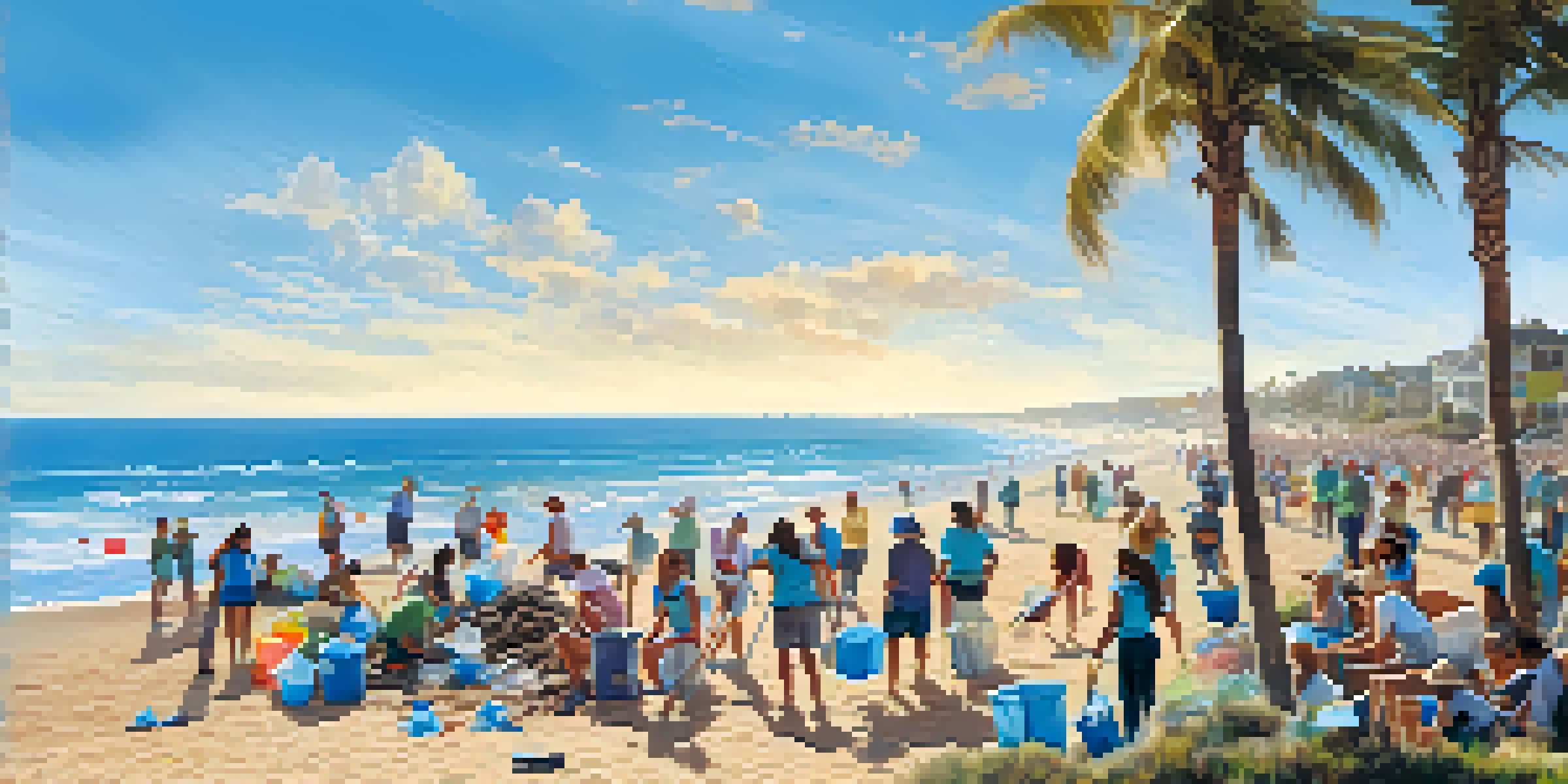 A lively beach clean-up event in Carlsbad with volunteers collecting trash against a backdrop of the ocean and sandy beach.