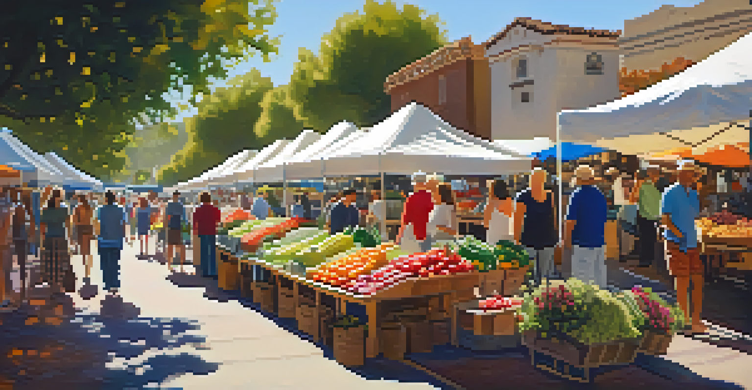 A lively farmers' market in Carlsbad, showcasing colorful stalls with fresh produce and people enjoying the atmosphere.