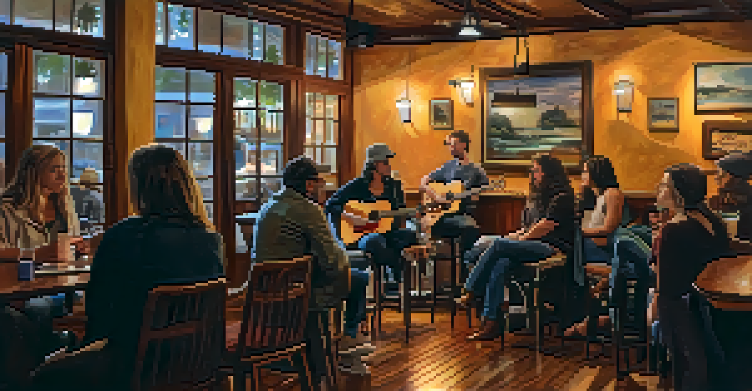 A singer-songwriter performing at an intimate open mic night in a cozy café, with warm lighting and an engaged audience.