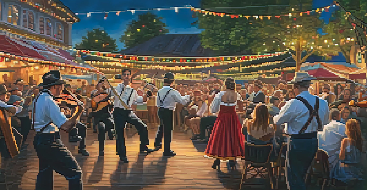 A live band performing at Oktoberfest, with musicians in traditional clothing and an engaged audience dancing in a festive atmosphere.